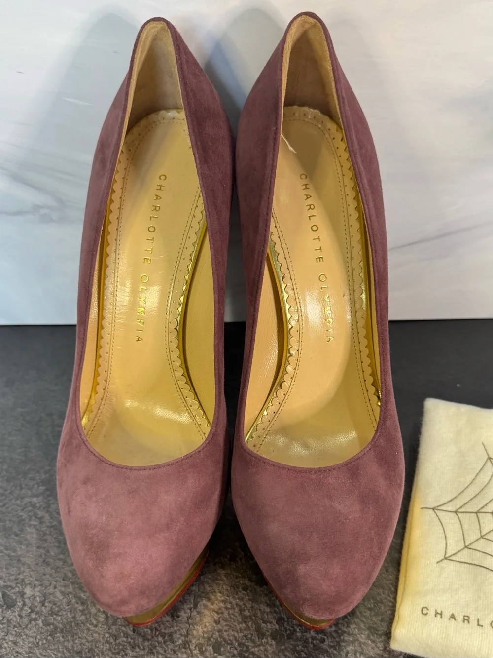 Charlotte Olympia Plum Suede & Gold Signature Platform Pumps Heels, Size 37.5